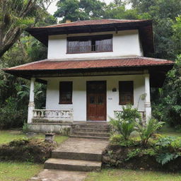 A vivid image of Jose Rizal's ancestral house: a beautiful Bahay na Bato, a traditional Filipino house with Capiz shell windows, surrounded by abundant nature.