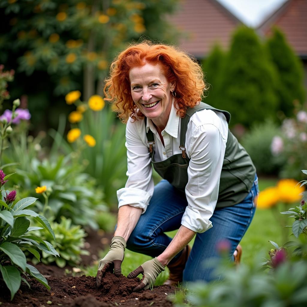 HD photograph of an elegant, homely woman with curly red hair gardening in a beautiful, well-established garden, suitable for a magazine editorial