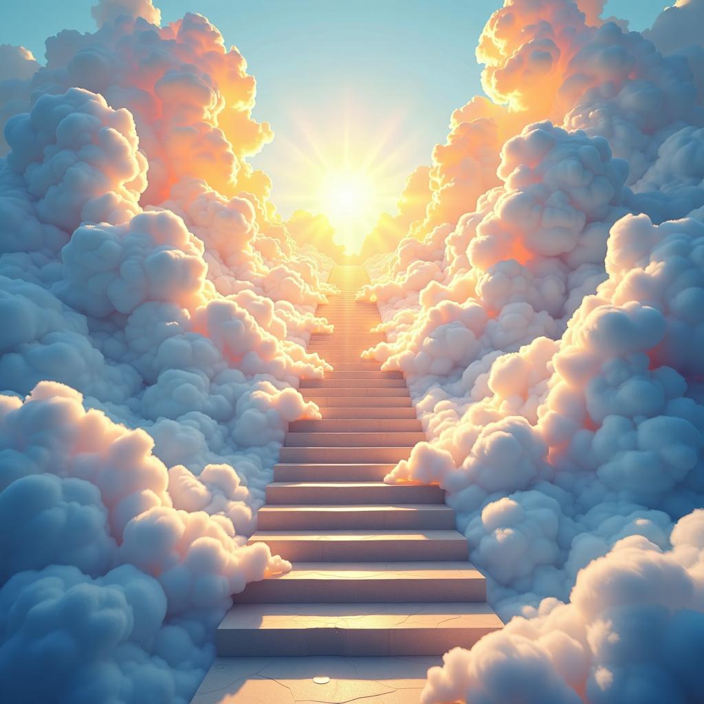 Create a professionally designed book cover titled "Into the Clouds" featuring a stairway to heaven in pastel colors, with the title prominently displayed