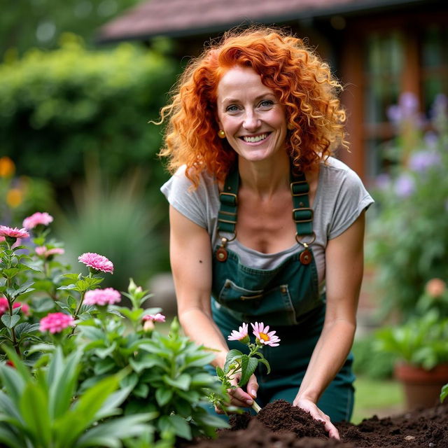 HD photograph of an exceptionally beautiful woman with curly red hair gardening in a stunning, well-established garden, perfect for a high-end gardening magazine