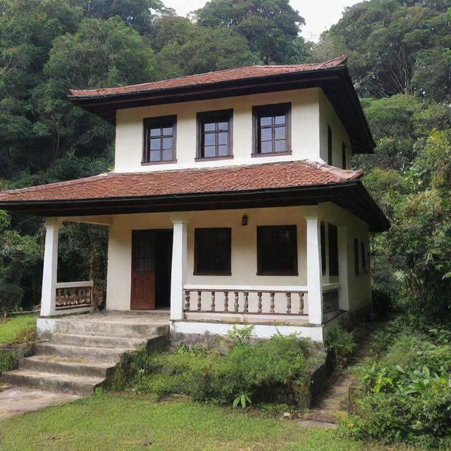 A vivid image of Jose Rizal's ancestral house: a beautiful Bahay na Bato, a traditional Filipino house with Capiz shell windows, surrounded by abundant nature.