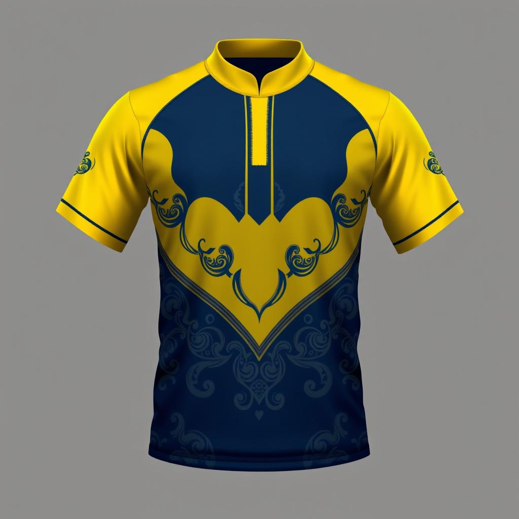 A sports jersey designed for exercise, featuring a yellow collar and a dark blue base color