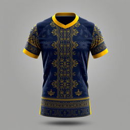 A sports jersey designed for exercise, featuring a yellow collar and a dark blue base color