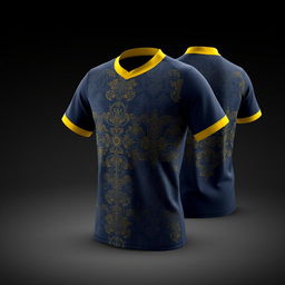 A sports jersey designed for exercise, featuring a yellow collar and a dark blue base color