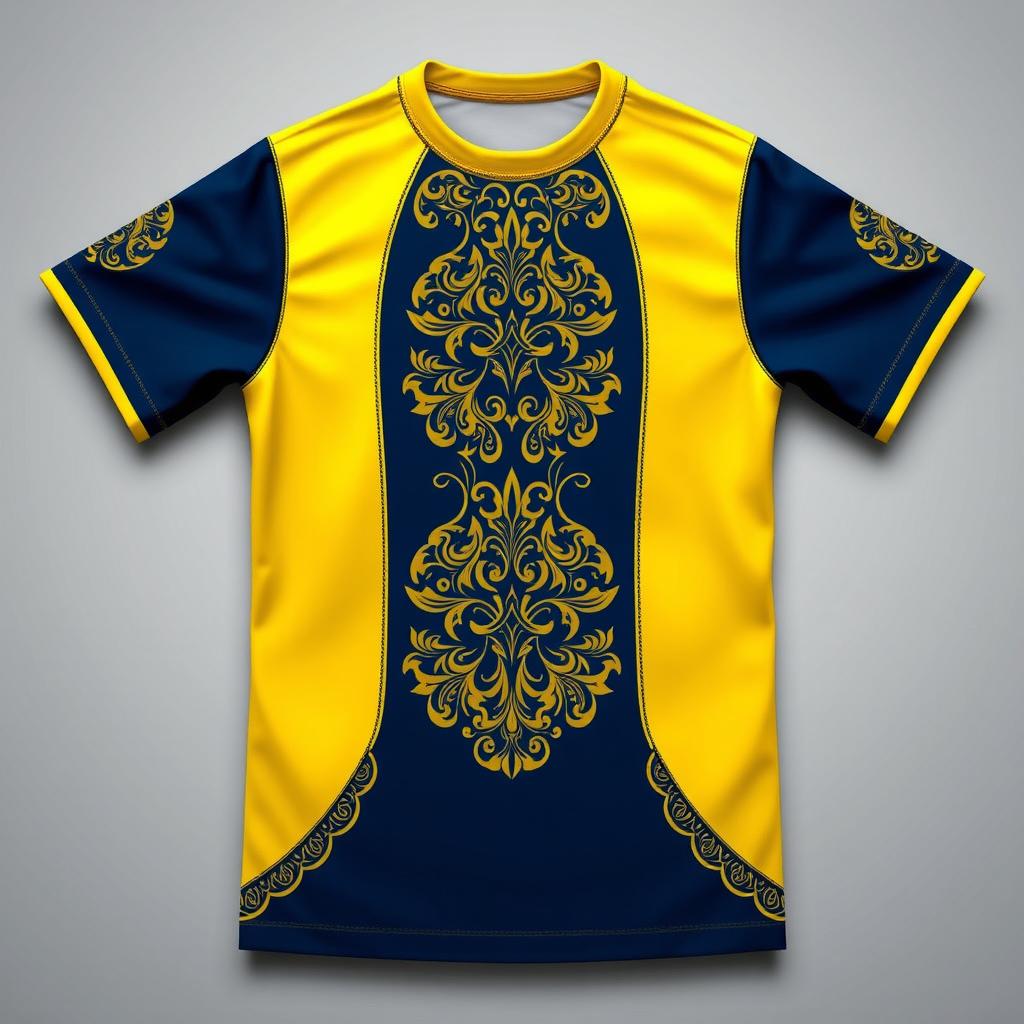 A sports jersey designed for exercise, featuring a yellow collar and a dark blue base color