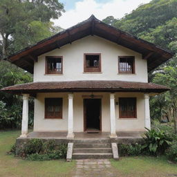 A vivid image of Jose Rizal's ancestral house: a beautiful Bahay na Bato, a traditional Filipino house with Capiz shell windows, surrounded by abundant nature.