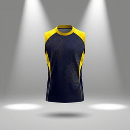 A sports jersey designed for exercise with a yellow collar and dark blue base, adorned with traditional batik patterns