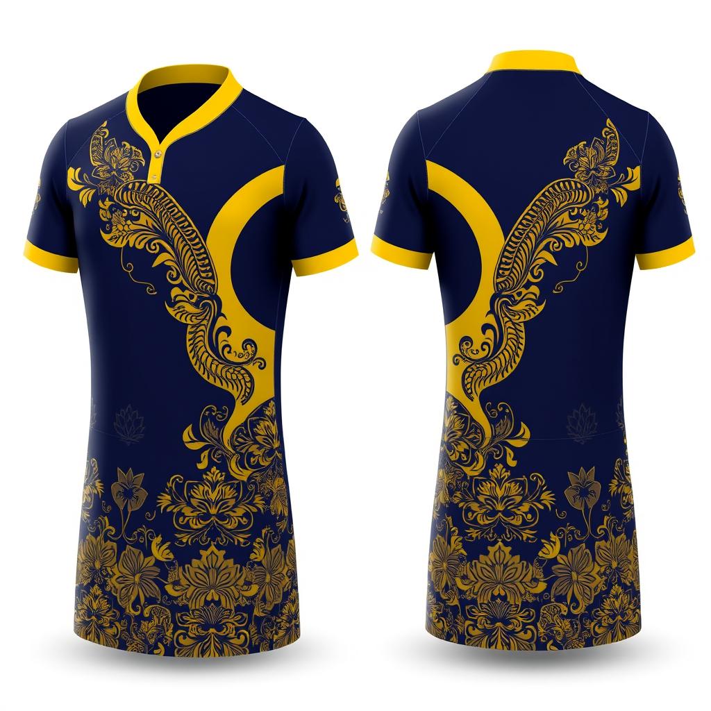 A sports jersey designed for exercise with a yellow collar and dark blue base, adorned with traditional batik patterns