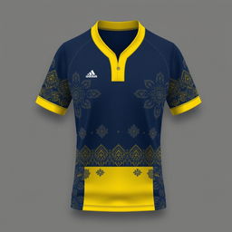 A sports jersey designed for exercise with a yellow collar and dark blue base, adorned with traditional batik patterns