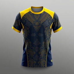 A sports jersey designed for exercise with a yellow collar and dark blue base, adorned with traditional batik patterns