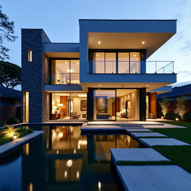 High-definition architectural photograph of a stunning modern house inspired by Japanese architecture, featuring a Japanese-style water feature and perfect lighting composition