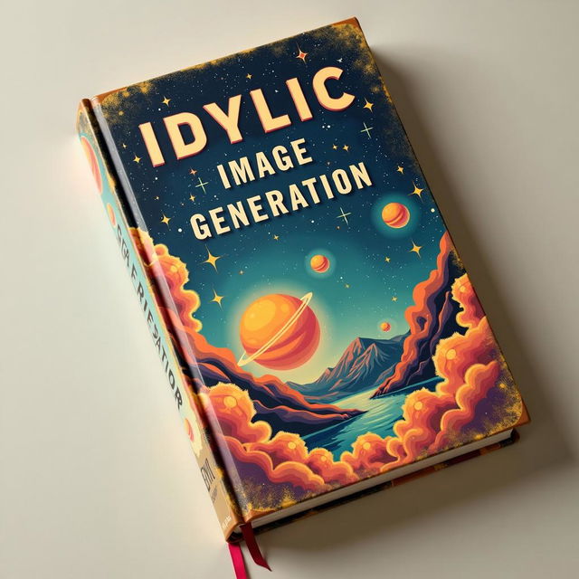 Vintage book cover featuring a beautiful pastel-colored galaxy with the title 'Idyllic Image Generation' in an elegant serif font