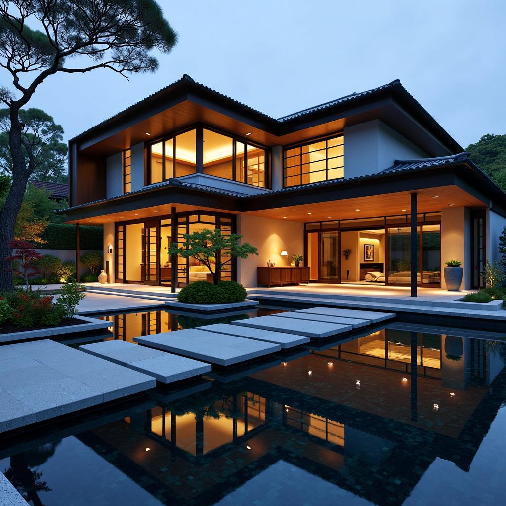 High-definition architectural photograph of a stunning and magnificent modern house inspired by Japanese architecture, featuring an elaborate Japanese-style water feature, perfect lighting composition, and beautiful features