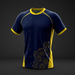 A sports jersey designed for exercise with a yellow collar and dark blue base, adorned with traditional batik patterns