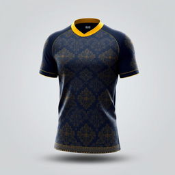 A sports jersey designed for exercise with a yellow collar and dark blue base, adorned with traditional batik patterns