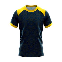 A sports jersey designed for exercise with a yellow collar and dark blue base, adorned with traditional batik patterns