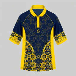 A sports jersey designed for exercise with a yellow collar and dark blue base, adorned with traditional batik patterns