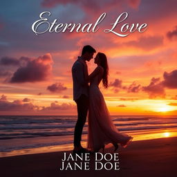 A captivating romance book cover featuring a couple in a tender embrace, standing on a scenic beach at sunset