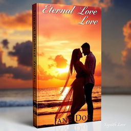 A captivating romance book cover featuring a couple in a tender embrace, standing on a scenic beach at sunset