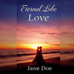 A captivating romance book cover featuring a couple in a tender embrace, standing on a scenic beach at sunset