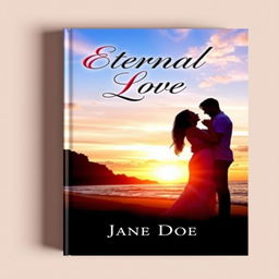 A captivating romance book cover featuring a couple in a tender embrace, standing on a scenic beach at sunset