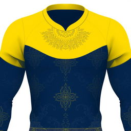 A sports jersey designed for exercise, featuring a yellow collar and a dark blue base color