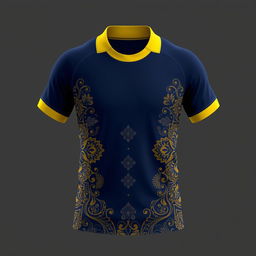 A sports jersey designed for exercise, featuring a yellow collar and a dark blue base color