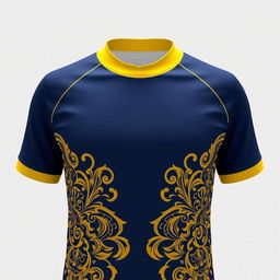 A sports jersey designed for exercise, featuring a yellow collar and a dark blue base color