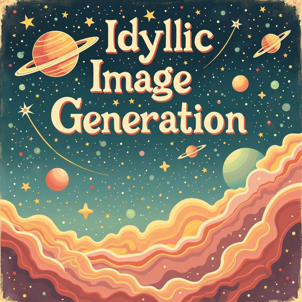 Vintage book cover inspired by Wes Anderson, featuring a pastel-colored galaxy with the title 'Idyllic Image Generation' in an elegant serif font