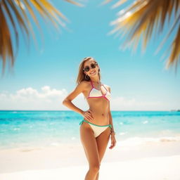 A girl in a bikini standing on a beach with a bright, sunny sky, clear blue water, and white sand