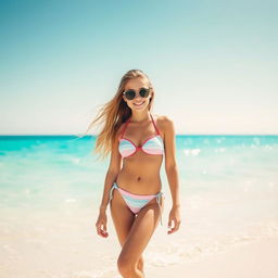 A girl in a bikini standing on a beach with a bright, sunny sky, clear blue water, and white sand