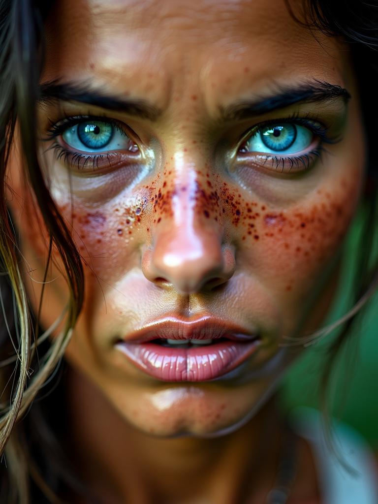 Close-up, high-definition photograph of a stunningly beautiful Amazonian woman with piercing blue eyes, in the style of National Geographic