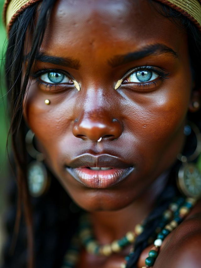 HD close-up photograph of a modestly beautiful Amazonian tribal woman with dark skin, blue eyes, and traditional piercings