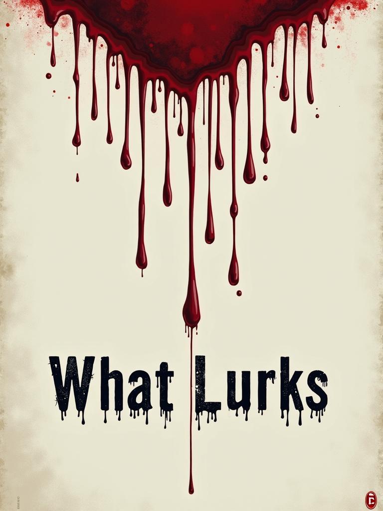 Minimalist horror book cover with a white background, red drops of blood running down, and the title 'What Lurks' in an eerie font