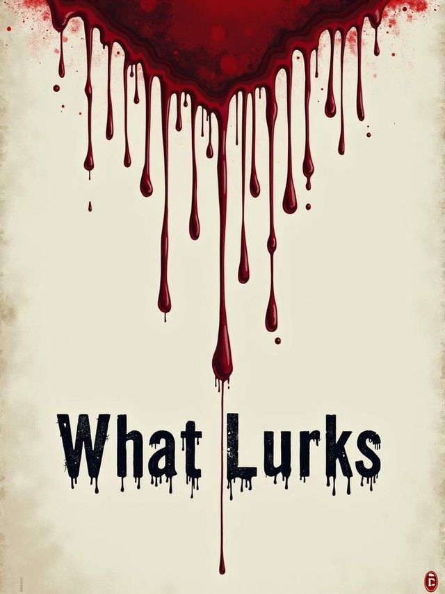 Minimalist horror book cover with a white background, red drops of blood running down, and the title 'What Lurks' in an eerie font