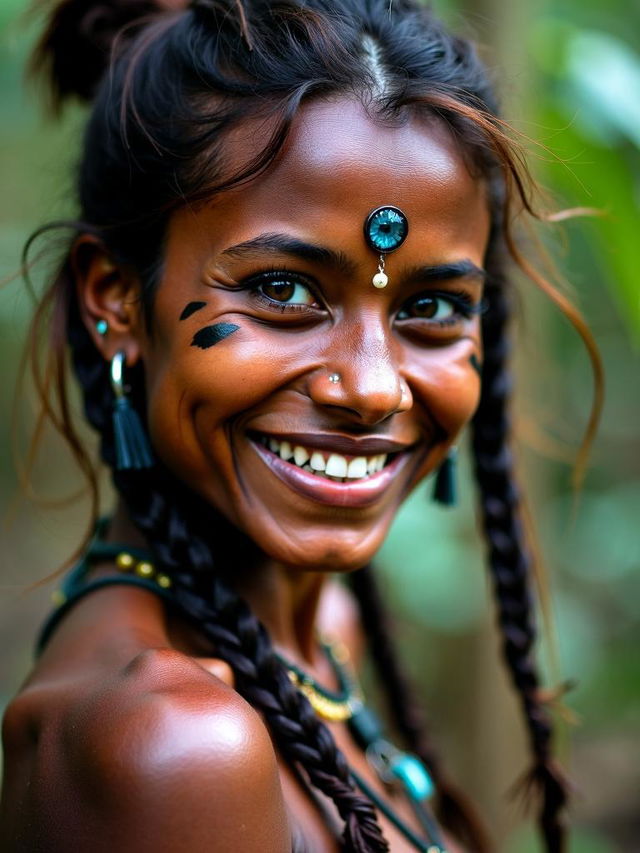 HD photograph of a modestly beautiful Amazonian tribal woman with dark skin, blue eyes, and traditional piercings