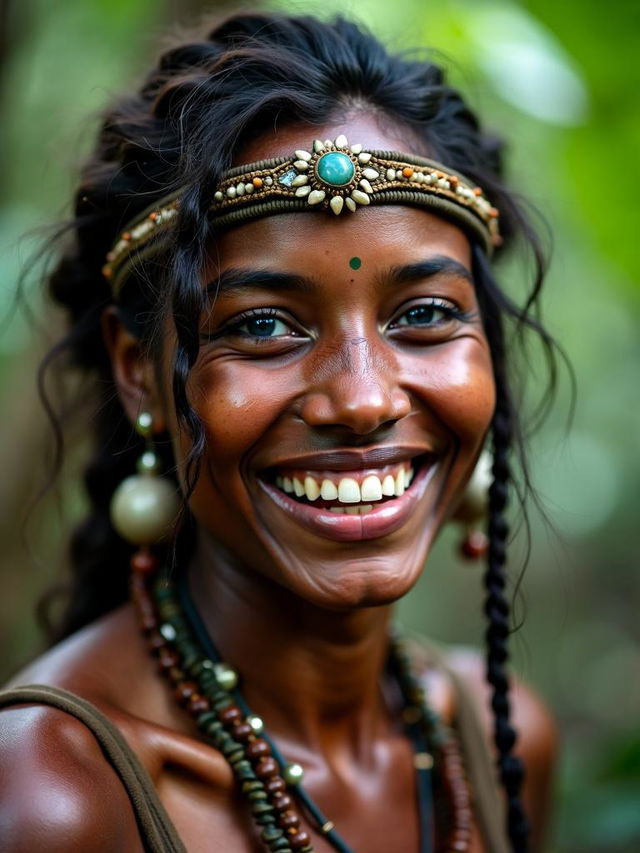 HD photograph of a modestly beautiful Amazonian tribal woman with dark skin, blue eyes, and no facial jewelry