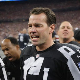 A crowded Super Bowl scene where a popular player is overcome with emotion and crying, while a referee is smiling broadly in the background.