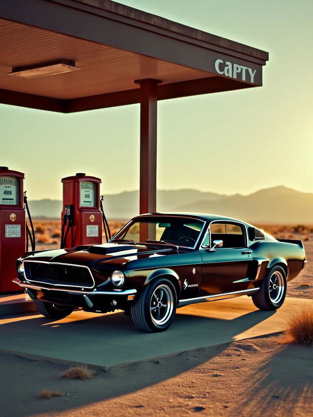 High-definition photograph of a black vintage Mustang car parked at a desert gas station with excellent lighting composition and a cinematic feel