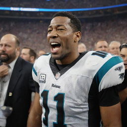 A crowded Super Bowl scene where a popular player is overcome with emotion and crying, while a referee is smiling broadly in the background.