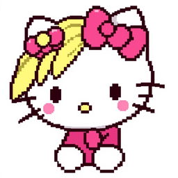 Create a pixel art image featuring Hello Kitty with a pink bow and dirty blonde hair