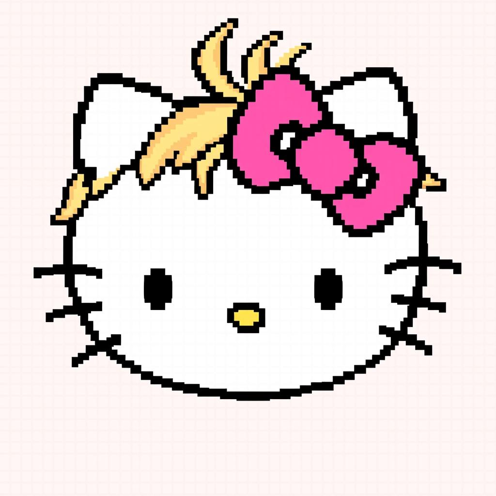 Create a pixel art image featuring Hello Kitty with a pink bow and dirty blonde hair