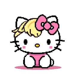 Create a pixel art image featuring Hello Kitty with a pink bow and dirty blonde hair