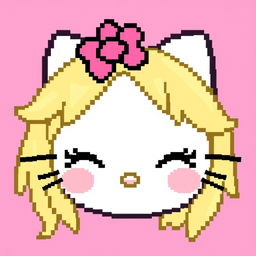 Create a pixel art image featuring Hello Kitty with a pink bow and dirty blonde hair