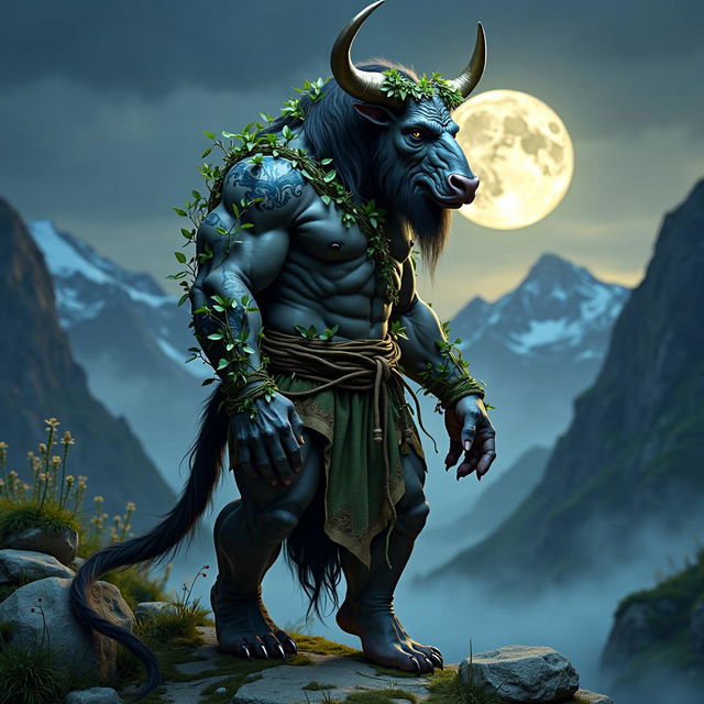 HD photograph of a hyper-realistic Minotaur Druid in a full body shot, set against a nighttime mountain background with a full moon