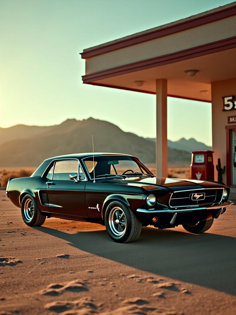 Hyper-realistic, high-definition, wide-angle photograph of a black vintage Mustang car parked at a desert gas station with excellent lighting composition and a cinematic feel