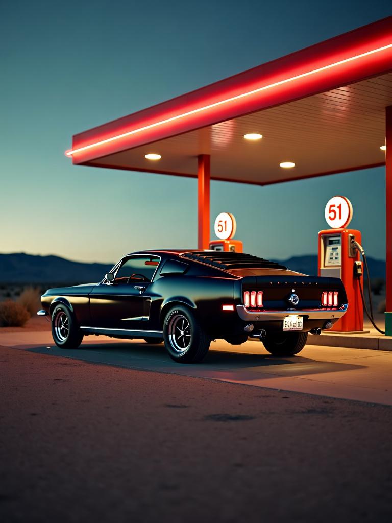 Hyper-realistic, high-definition, wide-angle photograph of a black vintage Mustang car parked at a desert gas station with darker lighting for a dramatic and moody atmosphere