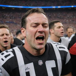 A crowded Super Bowl scene where a popular player is overcome with emotion and crying, while a referee is smiling broadly in the background.