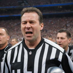 A crowded Super Bowl scene where a popular player is overcome with emotion and crying, while a referee is smiling broadly in the background.