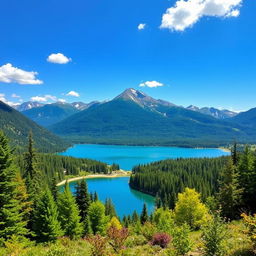 A vibrant and colorful landscape featuring a serene lake surrounded by lush green forests, with a clear blue sky and a majestic mountain range in the background